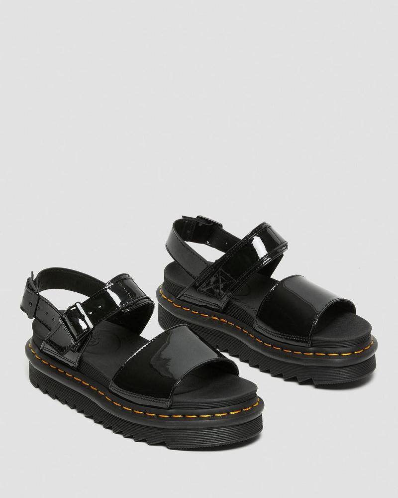 Dr Martens Voss Lak Læder Sandaler Med Rem Dame Sort | DK 330XYU